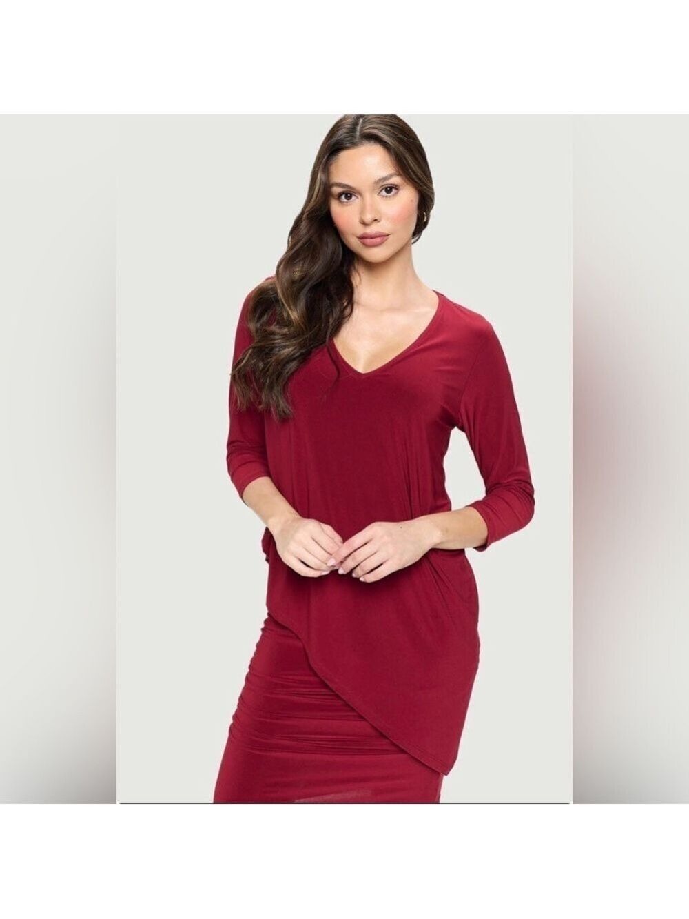 Last Tango Burgundy V-Neck Asymmetrical TunicDress - Size